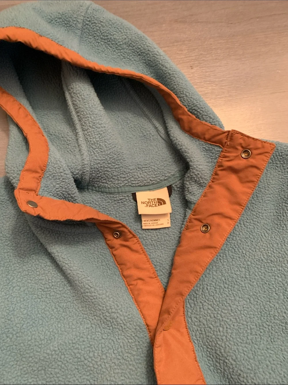 The North Face Teal Blue Hooded Fleece with Brown Trim